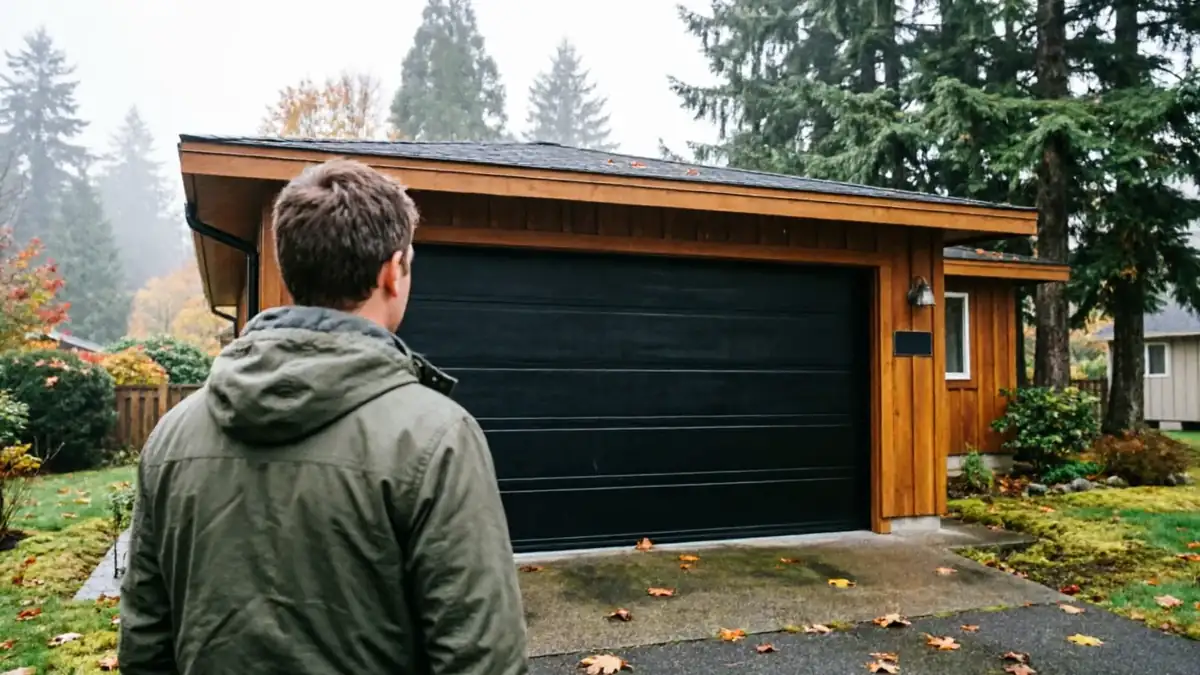 A person in a green jacket stands facing a house with a black garage door.