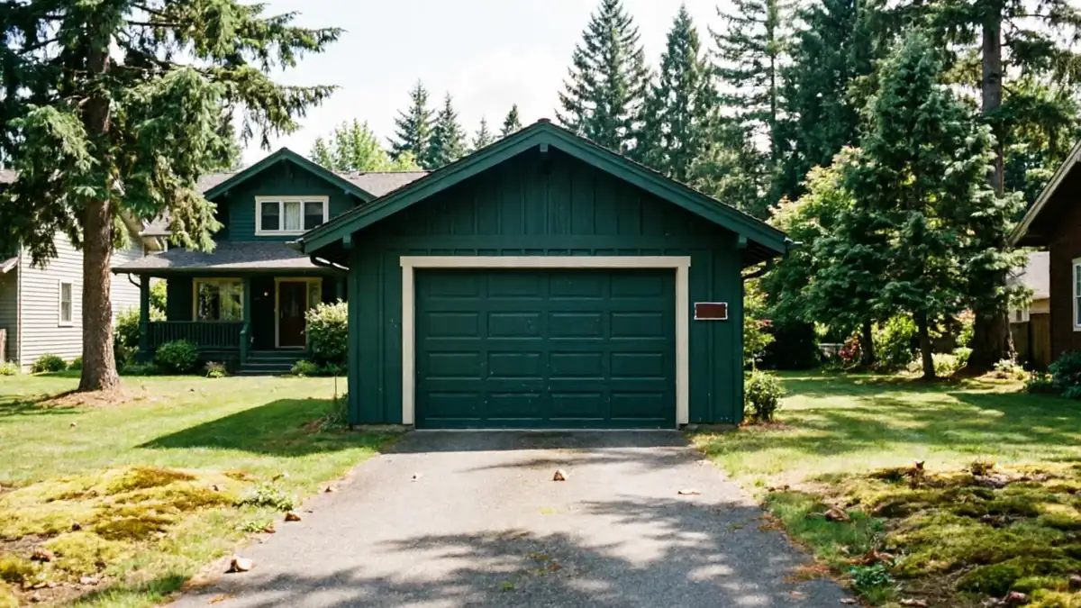A dark green garage door is on a house with a driveway and trees.