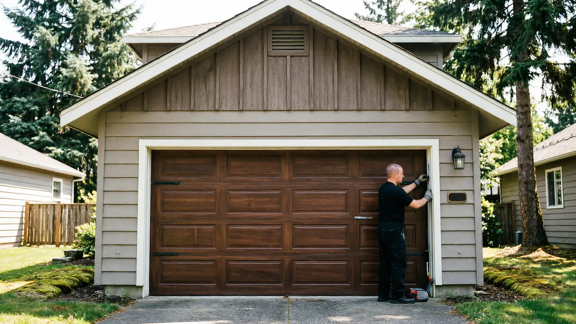 A technician in gloves works on the right side of a brown garage door.