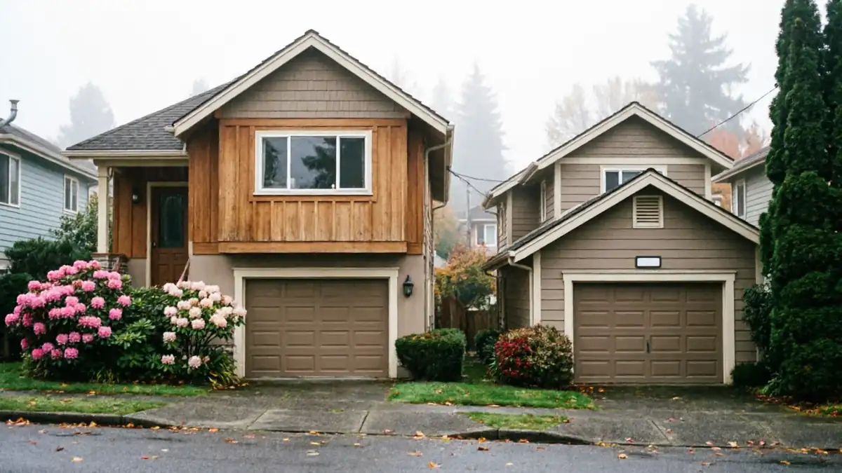 Two houses with brown garage doors are visible on a cloudy day.