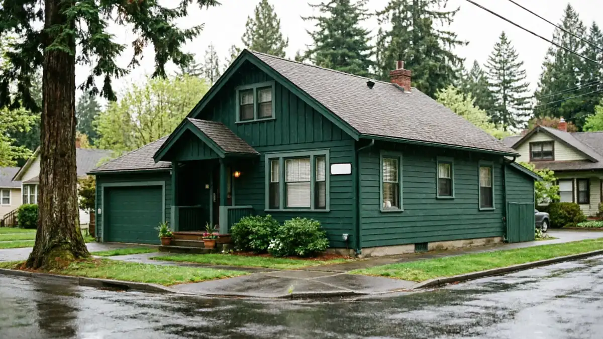 A dark green house with a matching garage door sits on a wet corner lot.