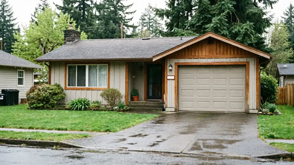 The house has a beige garage door and a brown wooden trim.