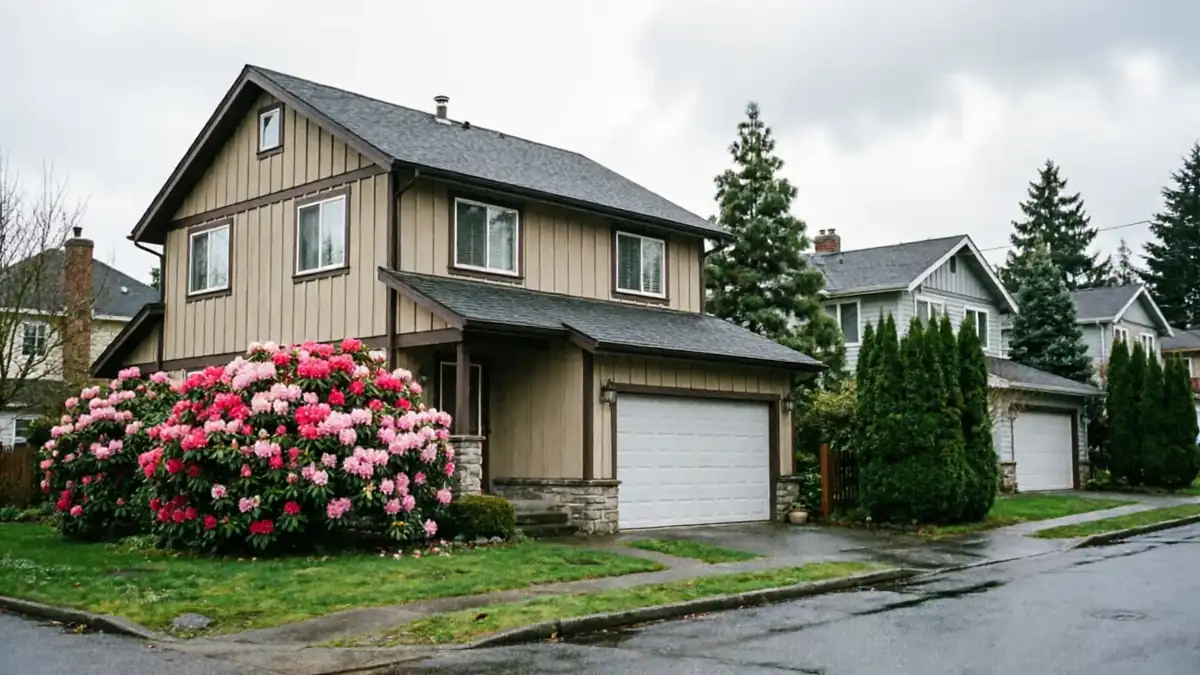 A tan house with a white garage door and pink flowers on a wet street.
