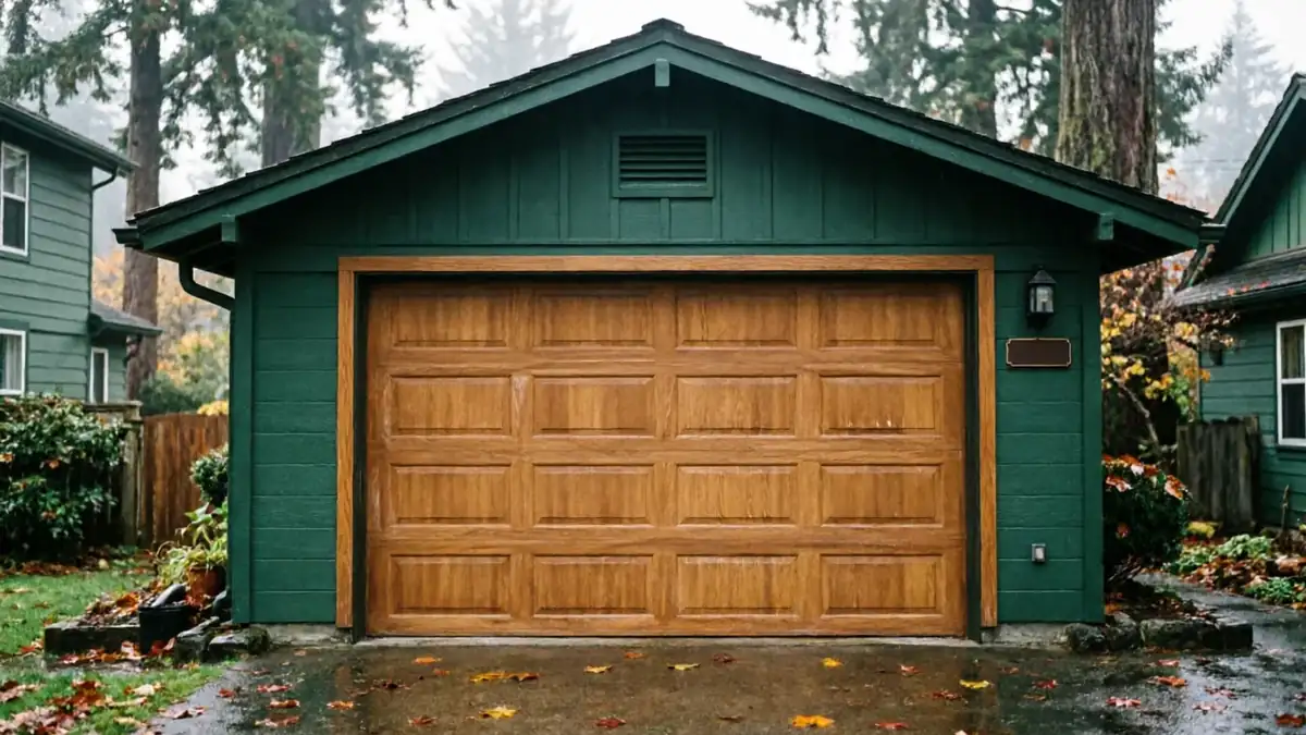 A green garage with a brown wooden garage door and a wet driveway.
