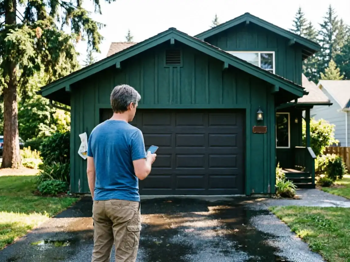 A man stands in a driveway, looking at his phone and a dark green house.