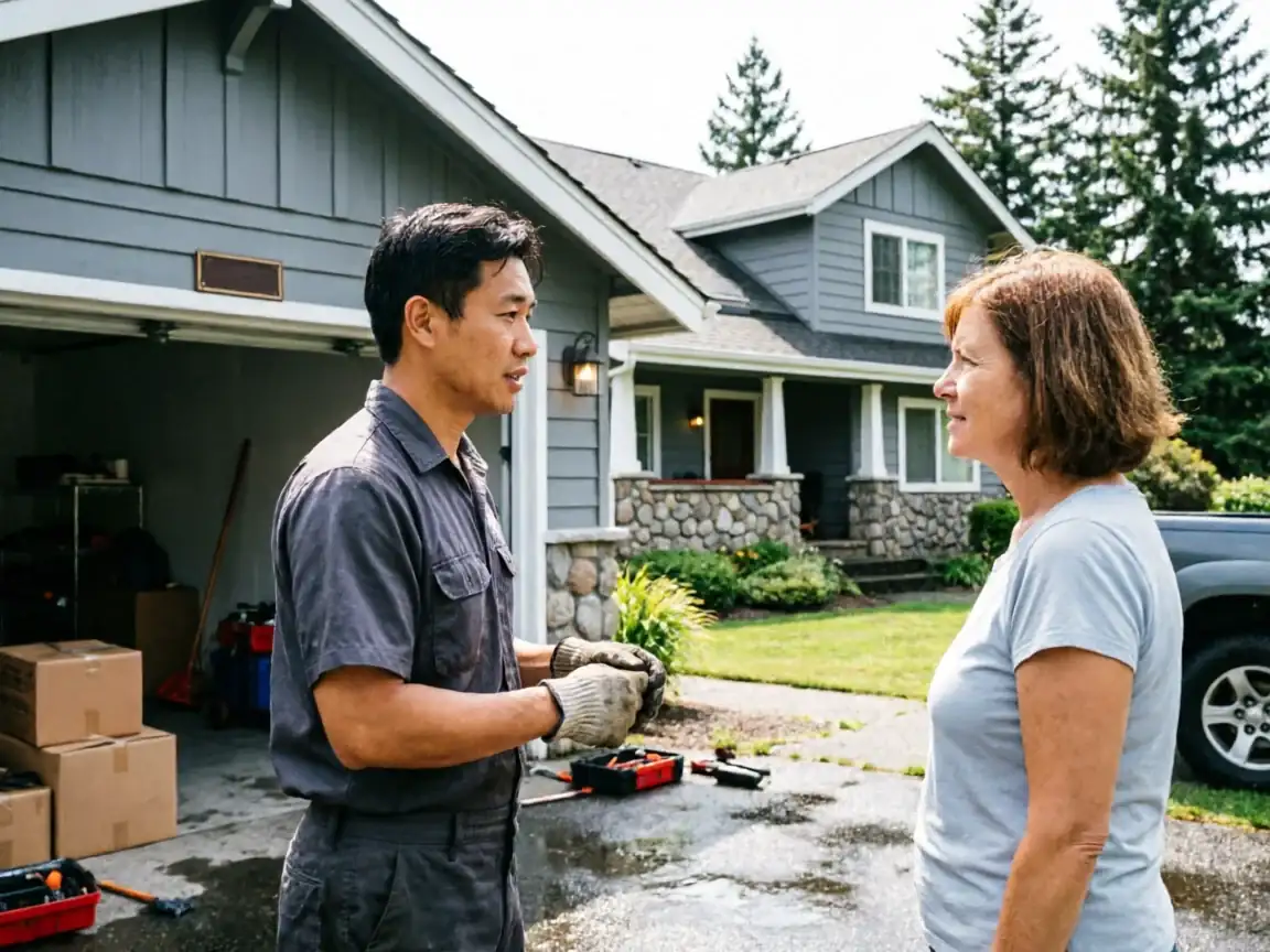 A technician in a gray uniform talks to a woman in a light blue shirt.