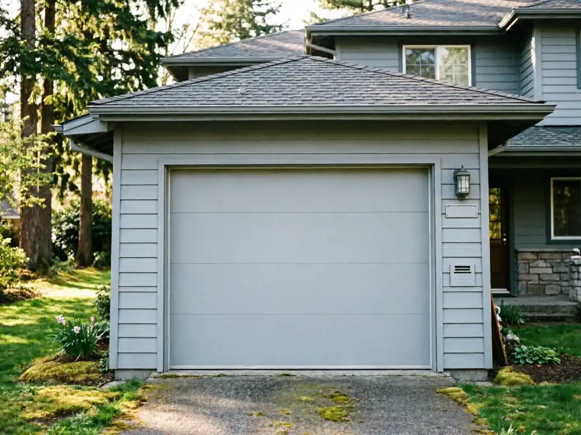 A light gray garage door is on a house with gray siding and a dark roof.