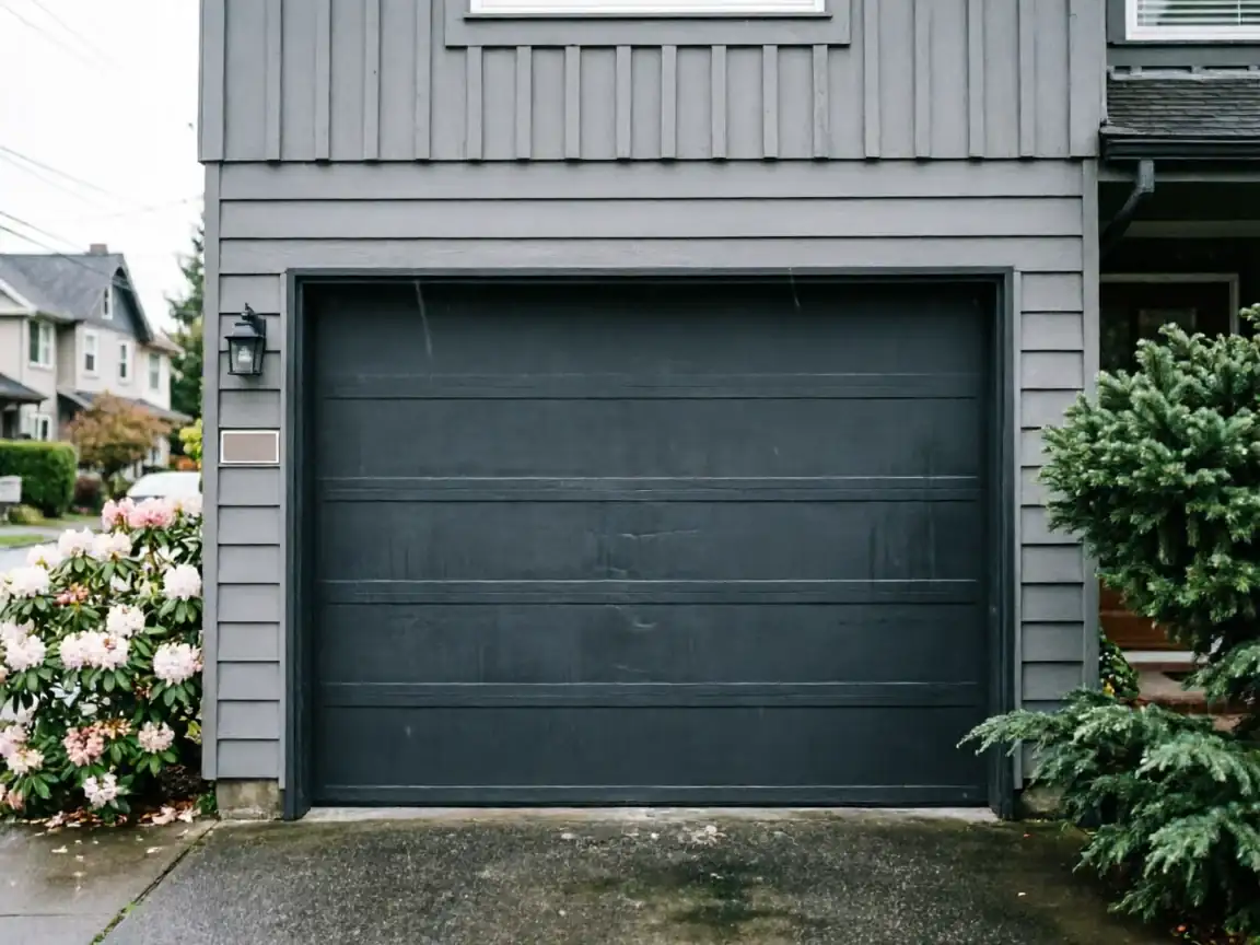 A dark gray garage door is on a gray house with pink flowers and green bushes.