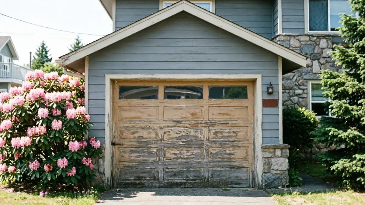 The house has a peeling wooden garage door with windows and a large pink flowering bush.
