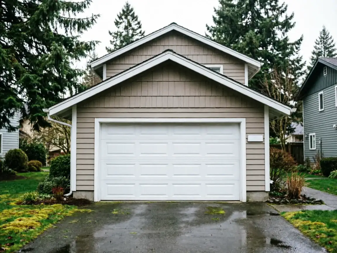 A white paneled garage door is on a tan house with a wet driveway.