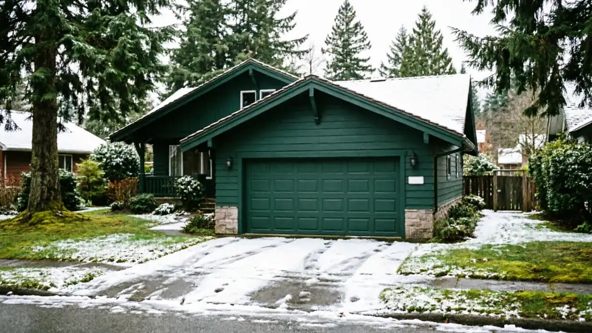 A dark green house with a matching garage door and a snow-dusted driveway.