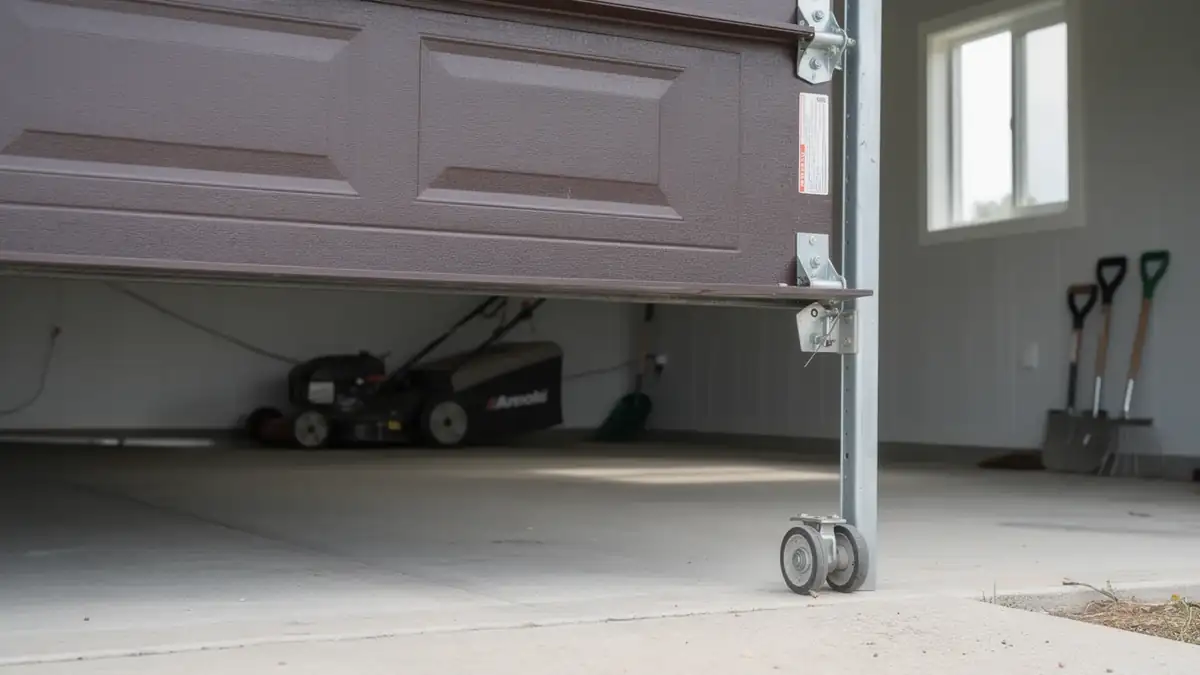 A brown garage door is partially open, showing a lawnmower and tools inside.