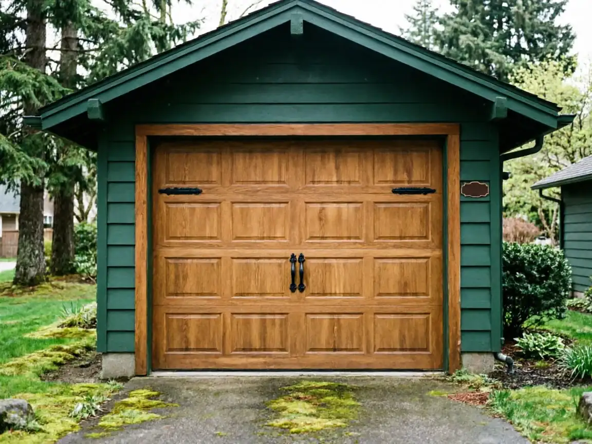 A brown wooden garage door is set in a green garage with a mossy driveway.